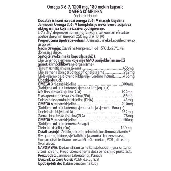 Omega 3-6-9 Kompleks, 180 softgel kapsula, uputstvo mne