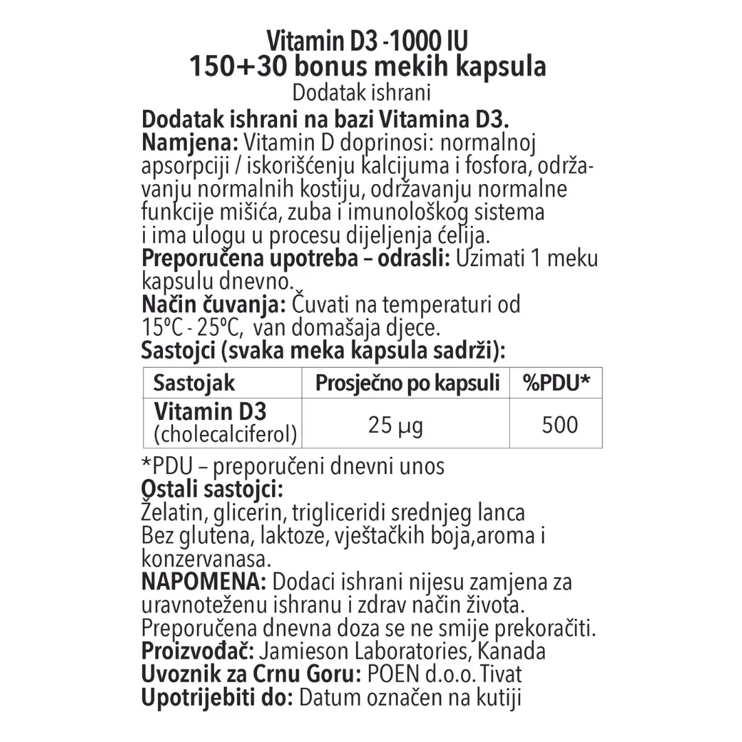 Vitamin D3 1000IU, PREMIJUM, 150+30 BONUS softgel kapsula, deklaracija mne
